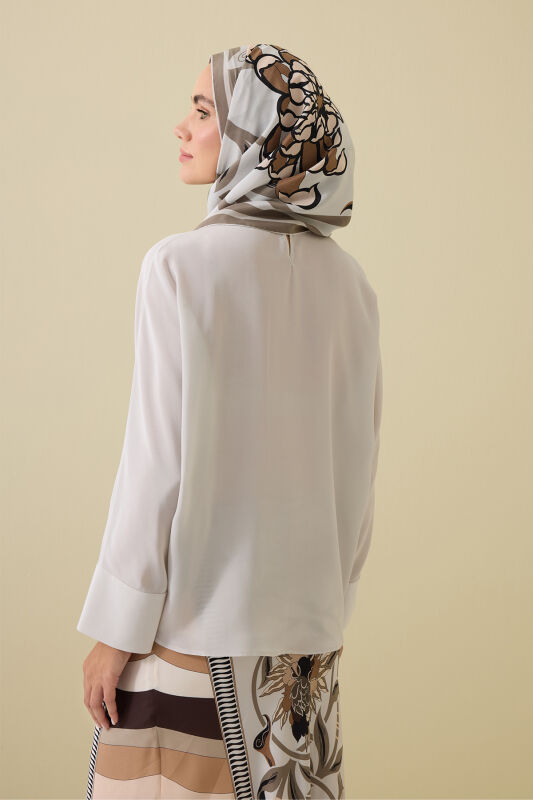 Flower Road Pleated Beige Crepe Silk Blouse - 5