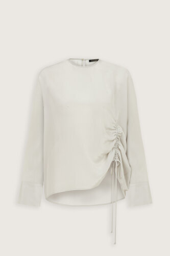 Flower Road Pleated Beige Crepe Silk Blouse - 2