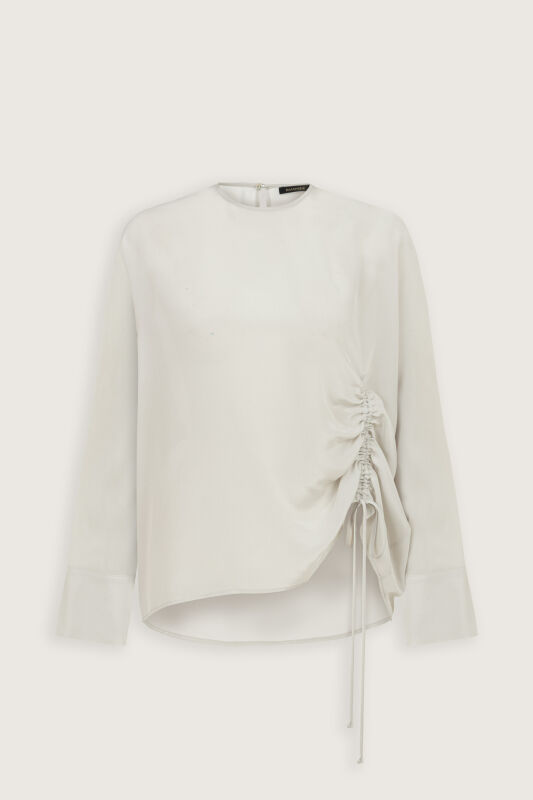Flower Road Pleated Beige Crepe Silk Blouse - 2