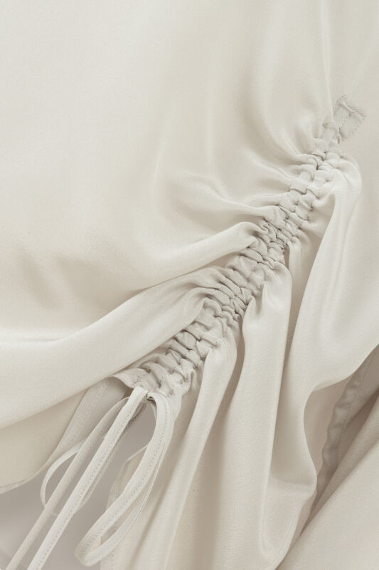 Flower Road Pleated Beige Crepe Silk Blouse - 6