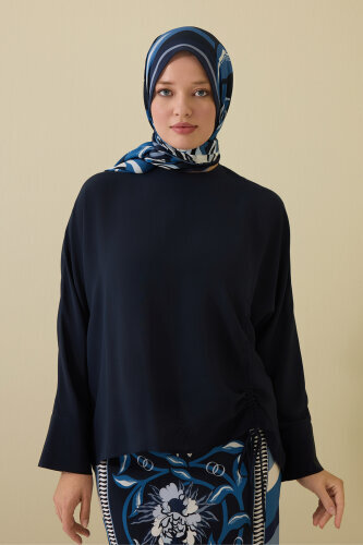 Flower Road Pleated Navy Blue Crepe Silk Blouse 