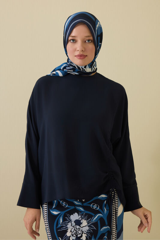 Flower Road Pleated Navy Blue Crepe Silk Blouse - 1