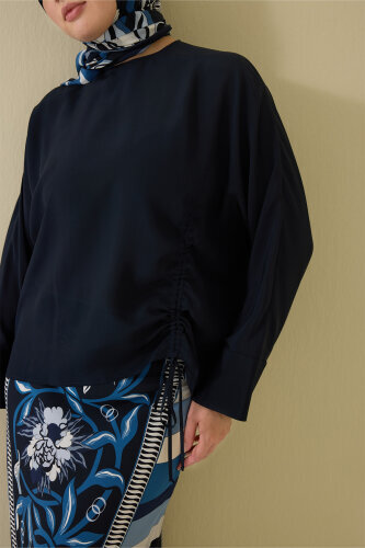 Flower Road Pleated Navy Blue Crepe Silk Blouse - 3