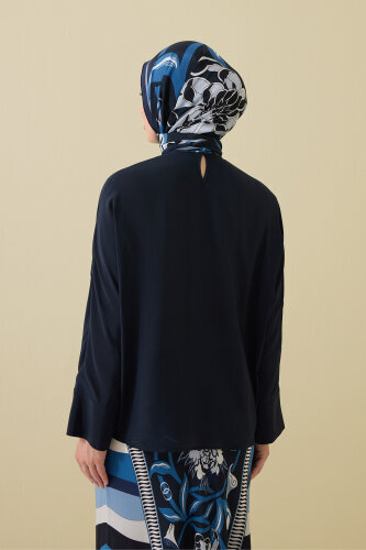 Flower Road Pleated Navy Blue Crepe Silk Blouse - 5