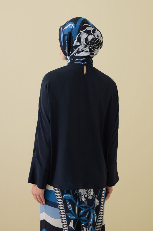 Flower Road Pleated Navy Blue Crepe Silk Blouse - 5