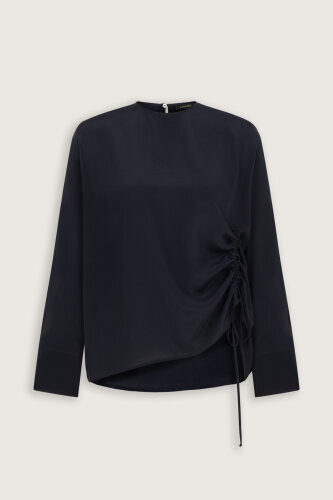 Flower Road Pleated Navy Blue Crepe Silk Blouse - 2