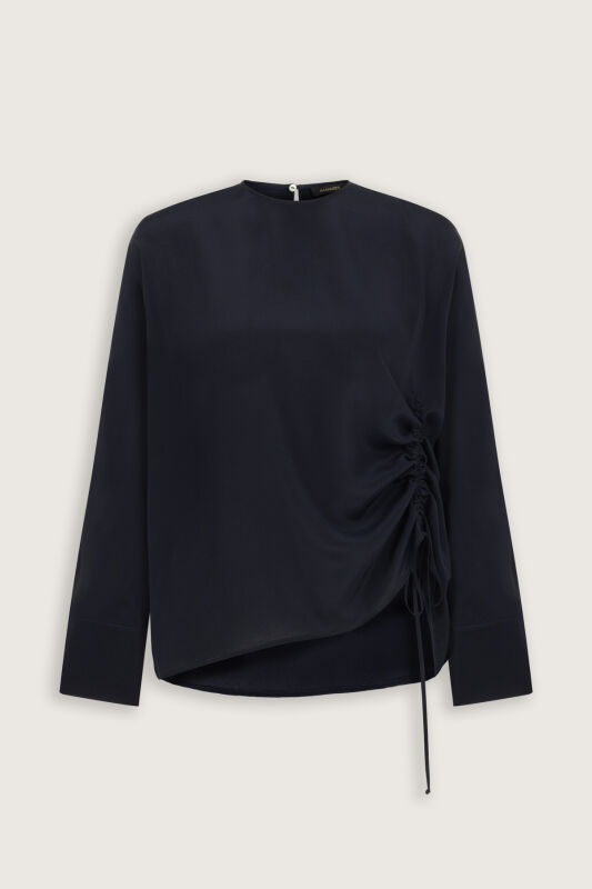 Flower Road Pleated Navy Blue Crepe Silk Blouse - 2
