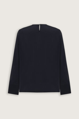 Flower Road Pleated Navy Blue Crepe Silk Blouse - 4