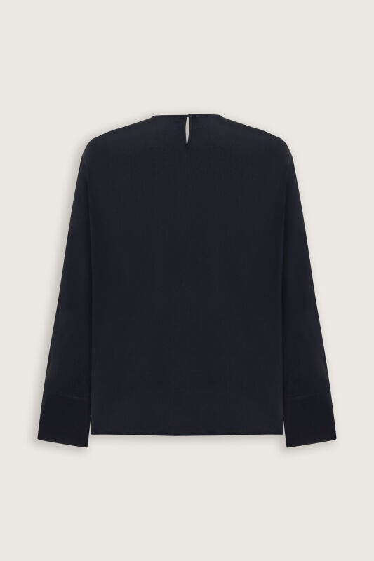 Flower Road Pleated Navy Blue Crepe Silk Blouse - 4