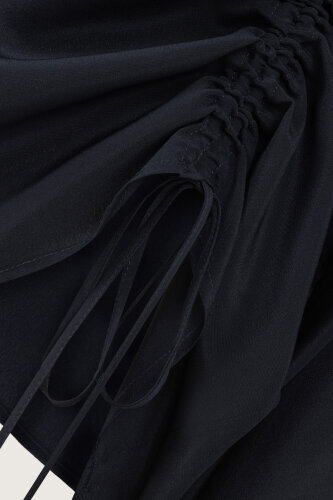 Flower Road Pleated Navy Blue Crepe Silk Blouse - 6