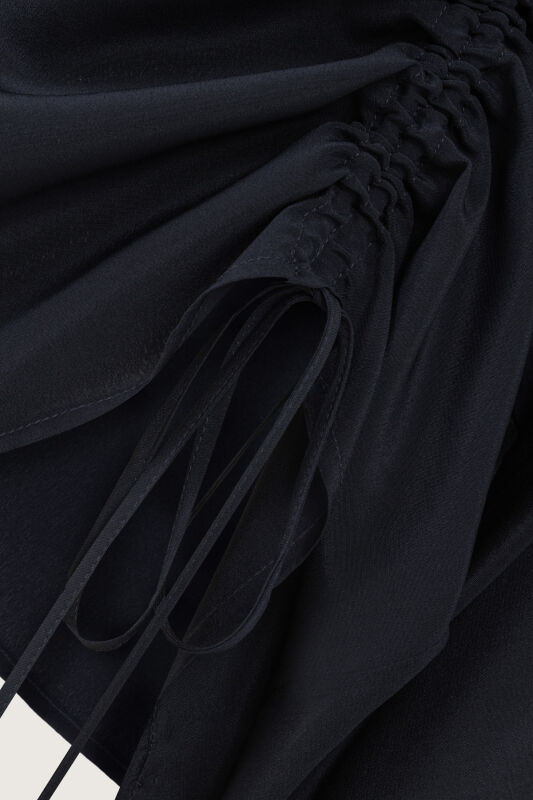 Flower Road Pleated Navy Blue Crepe Silk Blouse - 6