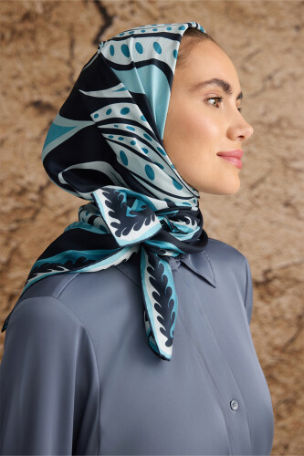 Four Corner Tulip Silk Scarf Petrol - 1