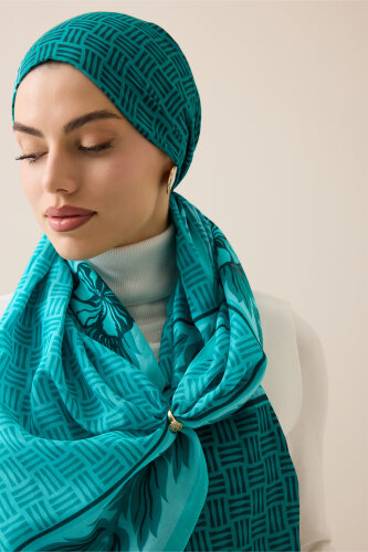 Four Seasons Turquoise Cotton Floss Scarf - Imannoor (3)