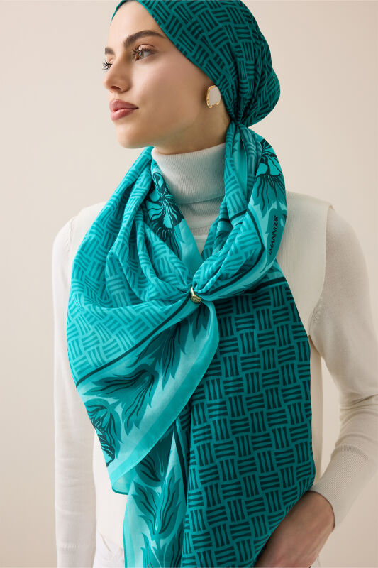 Four Seasons Turquoise Cotton Floss Scarf - 1