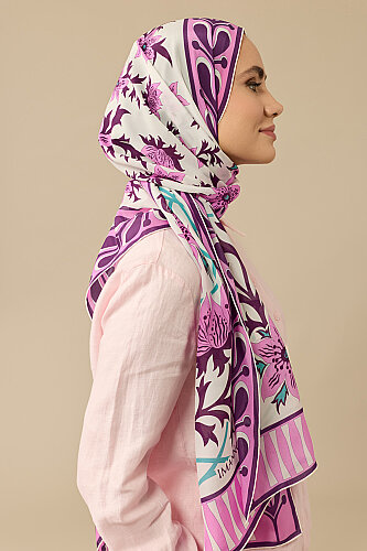 Garp Çiçeği Pembe Krep İpek Kaftan Şalı 70x210 - 6