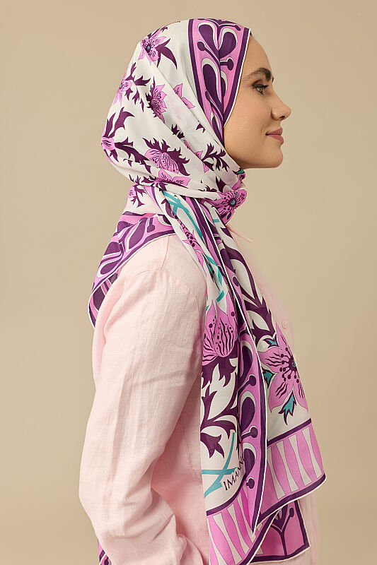 Garp Çiçeği Pembe Krep İpek Kaftan Şalı 70x210 - 6
