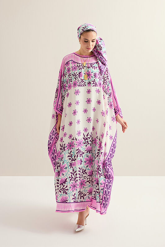 Garp Çiçeği Pembe Krep İpek Kaftan - 1