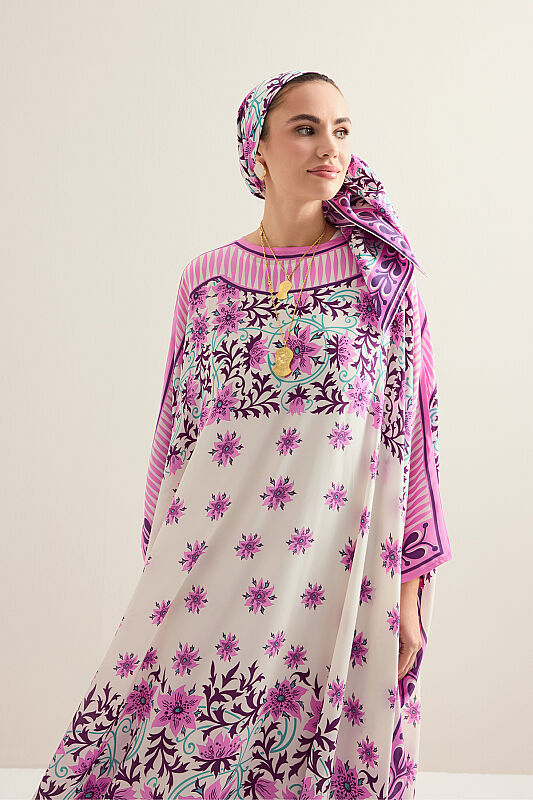Garp Çiçeği Pembe Krep İpek Kaftan - 3