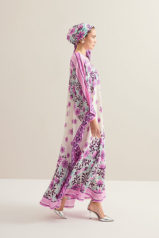 Garp Çiçeği Pembe Krep İpek Kaftan - 5