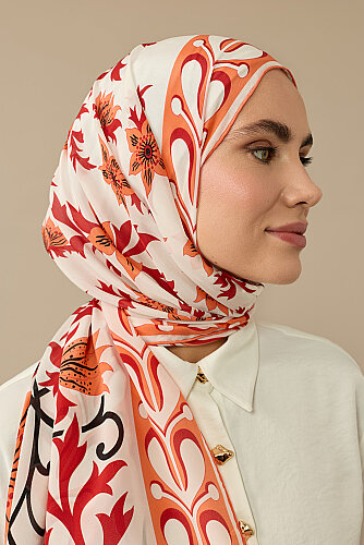 Garp Çiçeği Turuncu Krep İpek Kaftan Şalı 70x210 - 5