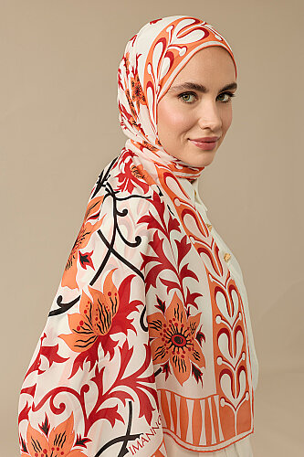 Garp Çiçeği Turuncu Krep İpek Kaftan Şalı 70x210 - Imannoor (1)
