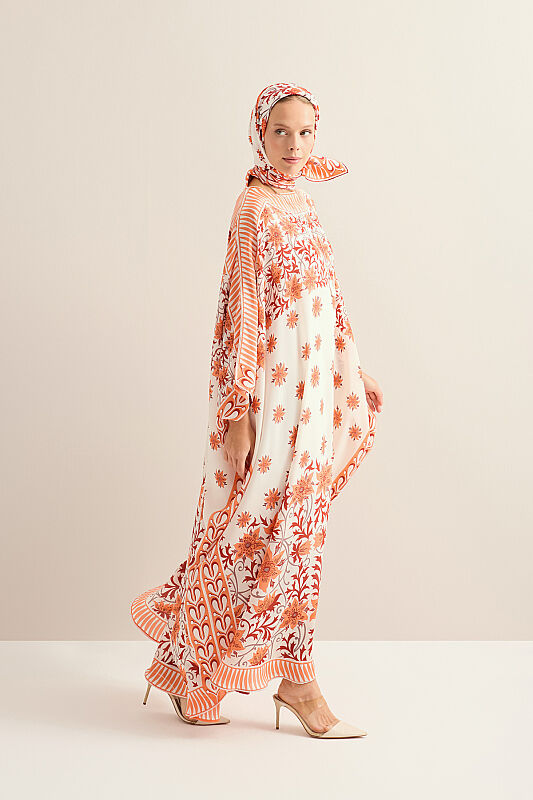 Garp Çiçeği Turuncu Krep İpek Kaftan - 5