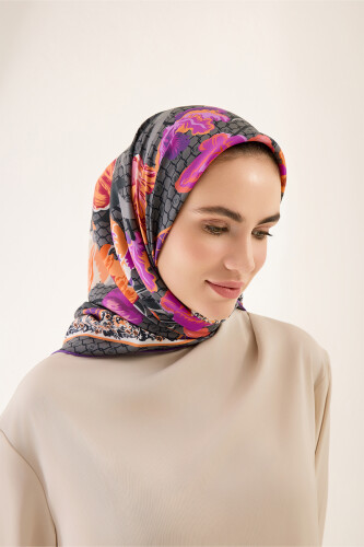 Gece Bahçesi Antrasit Tivil İpek Eşarp 90x90 - 5