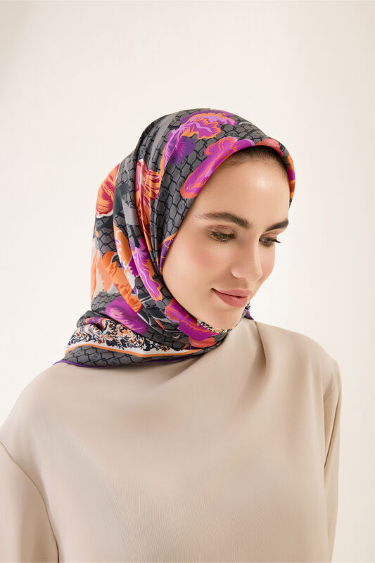 Gece Bahçesi Antrasit Tivil İpek Eşarp 90x90 - 5