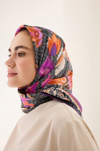 Gece Bahçesi Antrasit Tivil İpek Eşarp 90x90 - Imannoor (2)
