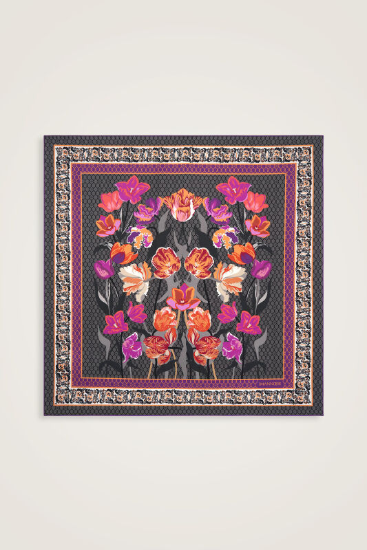 Gece Bahçesi Antrasit Tivil İpek Eşarp 90x90 - 1