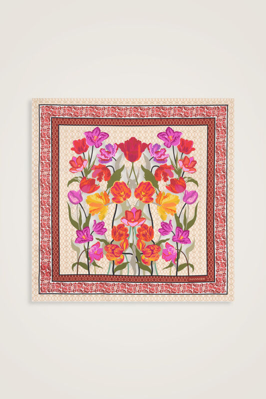 Gece Bahçesi Krem Tivil İpek Eşarp 90x90 - 2