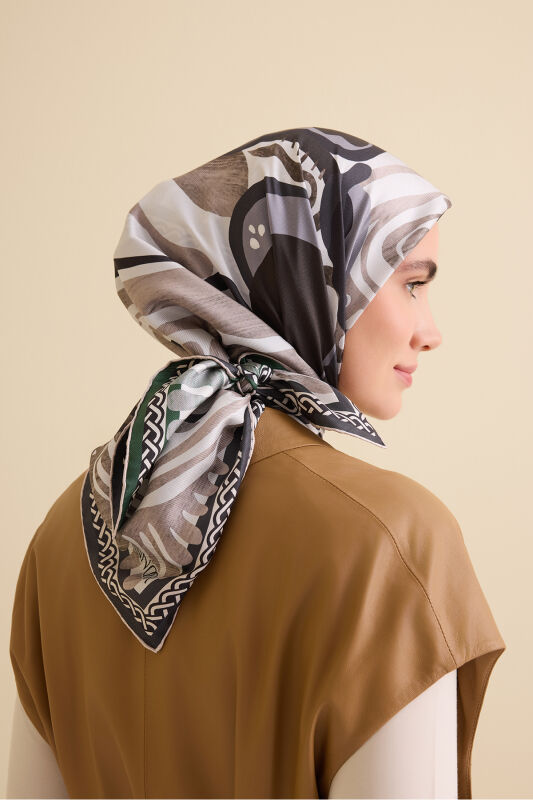 Gelincik Füme-Nefti Çift Taraflı Tivil İpek Eşarp 94x94 - 1