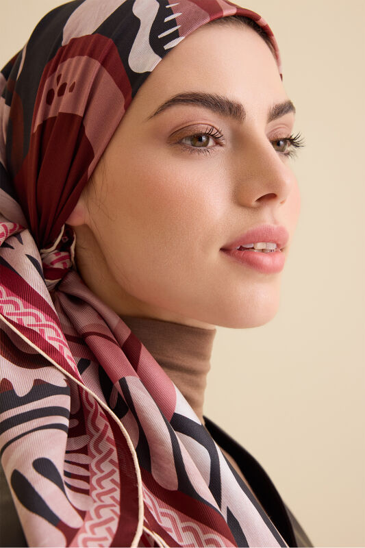 Gelincik Gül Kurusu-Pembe Çift Taraflı Tivil İpek Eşarp 94x94 - 3