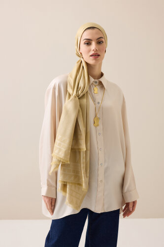 Giant Bambunoor Straw Yellow Jacquard Silk Shawl - 5