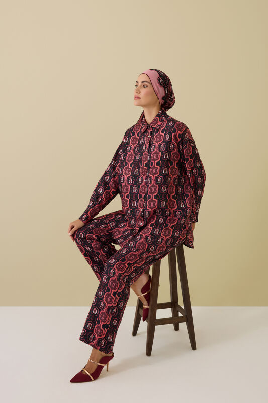 Girdap Bordo Tivil İpek Gömlek Pijama - 1