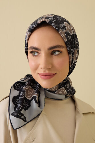 Girdap Siyah-Gri Tivil İpek Eşarp 95x95 - Imannoor