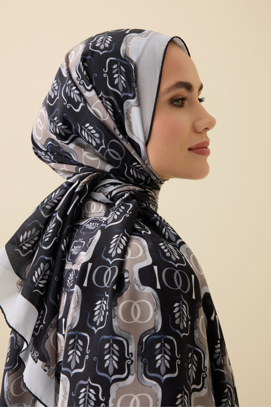  Girdap Siyah-Gri Krep İpek Şal 70x210 - 3