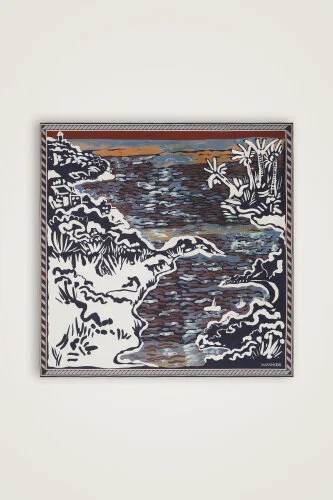 Göl Kenarı Kahverengi-Petrol Çift Taraflı Tivil İpek Eşarp 90x90 - Imannoor (3)