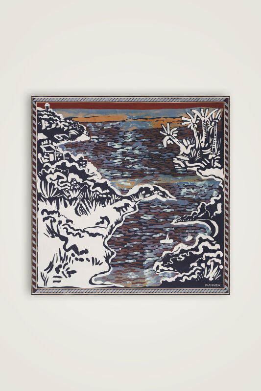 Göl Kenarı Kahverengi-Petrol Çift Taraflı Tivil İpek Eşarp 90x90 - 3