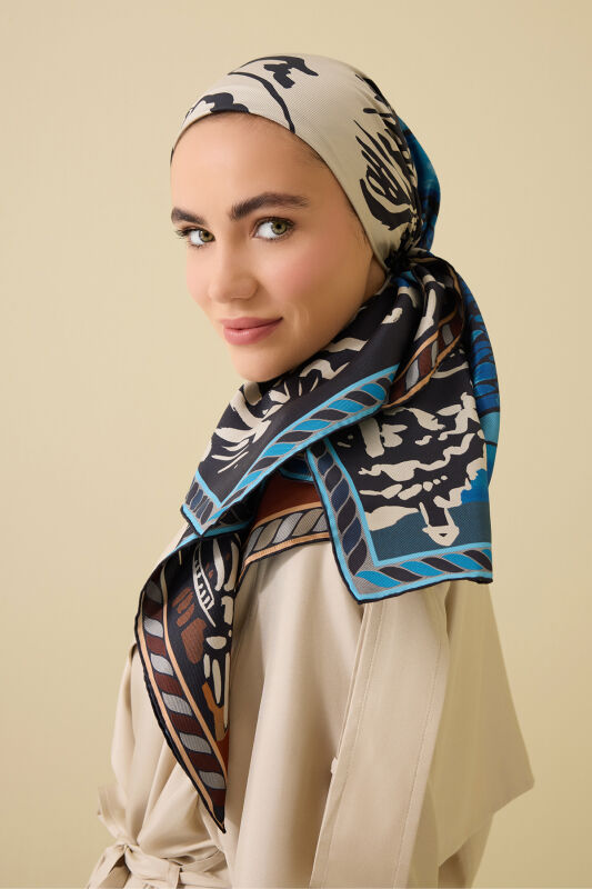 Göl Kenarı Kahverengi-Petrol Çift Taraflı Tivil İpek Eşarp 90x90 - 6