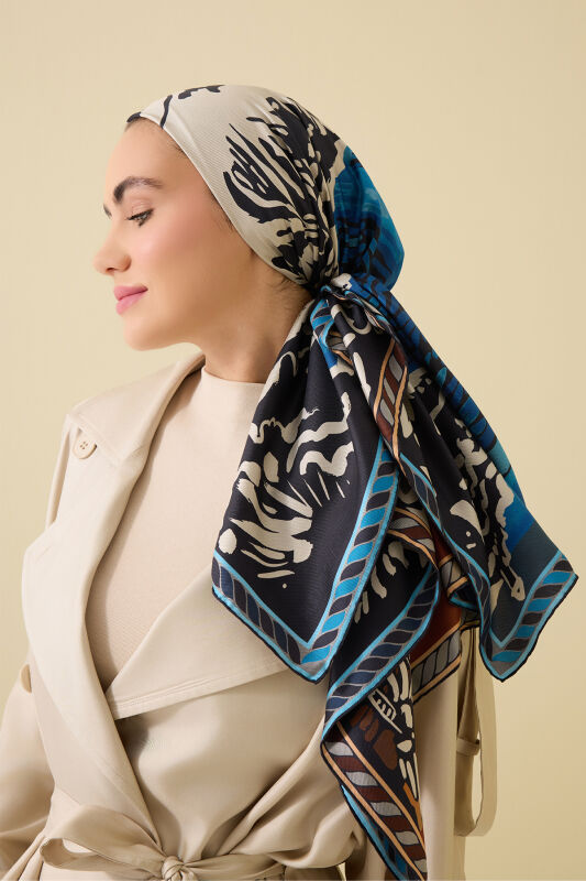 Göl Kenarı Kahverengi-Petrol Çift Taraflı Tivil İpek Eşarp 90x90 - 1