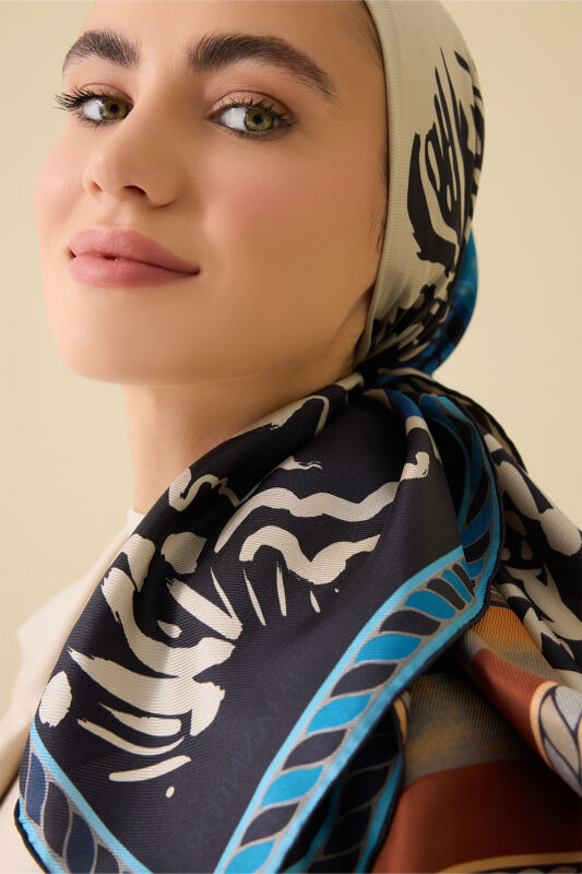 Göl Kenarı Kahverengi-Petrol Çift Taraflı Tivil İpek Eşarp 90x90 - 4