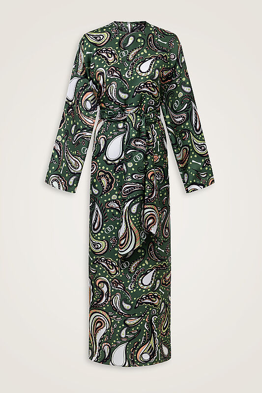 Green Silk Dress with Cashmere Pattern - 1