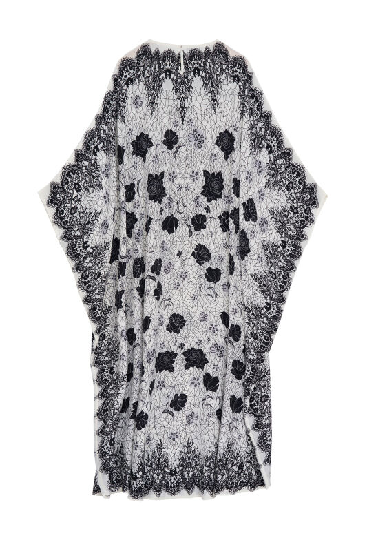 Gül Dantel Beyaz Krep İpek Kaftan - 4