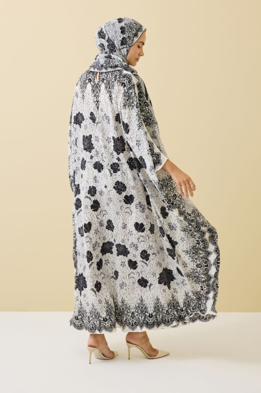 Gül Dantel Beyaz Krep İpek Kaftan - 6