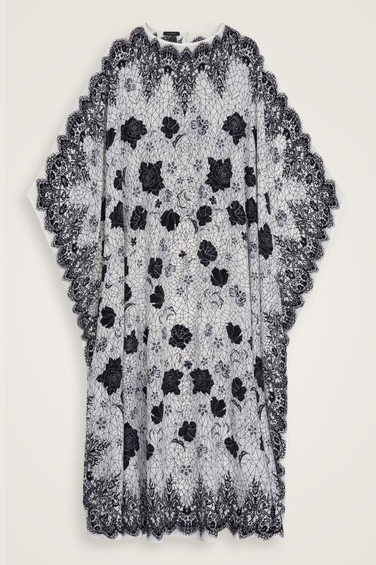 Gül Dantel Beyaz Krep İpek Kaftan - 2