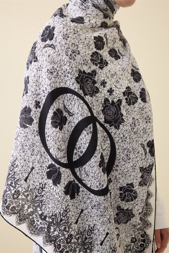 Gül Dantel Beyaz Krep İpek Kaftan Şal 70x210 - Imannoor (4)