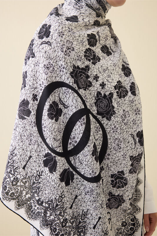 Gül Dantel Beyaz Krep İpek Kaftan Şal 70x210 - 4