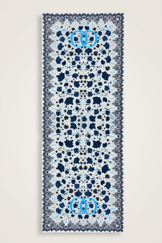  Gül Dantel Mavi Krep İpek Elbise Şalı - 2