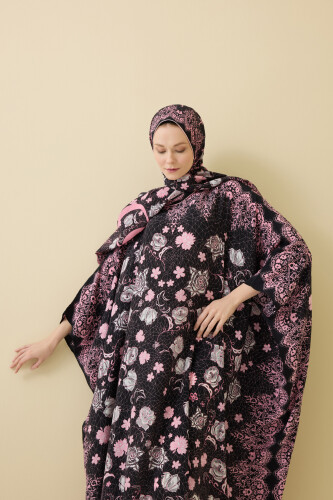 Gül Dantel Siyah Krep İpek Kaftan - 3